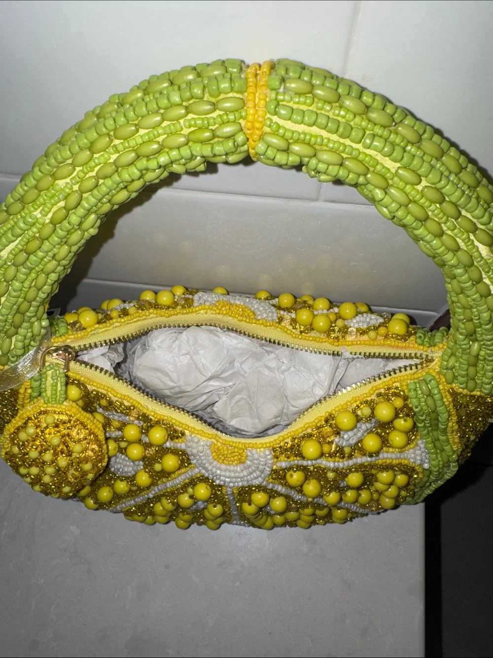 Handcrafted India Yellow Green Beaded Women’s Shoulder Bag